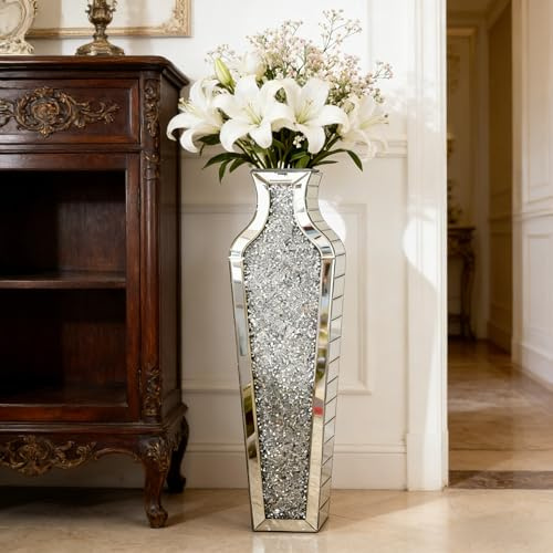 Bodenvase Silber Vase Groß: 68 cm Hoch Vasen Kristall für Pampasgras, Glas verspiegelte Diamanten Blumenvase, Dekorative Luxus Bodenvasen für Wohnzimmer Home Decor– Kein Wasserhalt