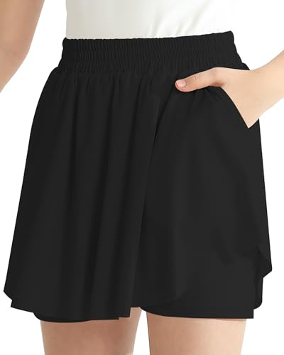 Hovershoes Girls Flowy Shorts Kids Athletic 2 in 1 Running Active Skirt PE Gym Dance Sports Shorts Teens Girls Summer Short High Waisted Casual Beach Pants with Pockets Black