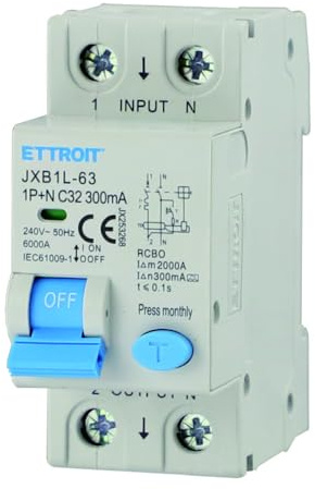 230V 32A C32, INTERRUTTORE MAGNETOTERMICO DIFFERENZIALE SALVAVITA, 1P+N, MONTAGGIO SU BARRA DIN, 2 MODULI, 300mA, 6KA 6000A, RCBO, 240VAC, classe A