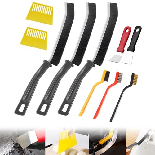 10PC Crevice Cleaning Brush Set with Scraper, Hard Bristle Gap Cleaning Brush Tool for Bathroom Tile Window Groove Grout, Multifunctional House Kitchen Cleaning Kit with Plastic Oven Scraper Board