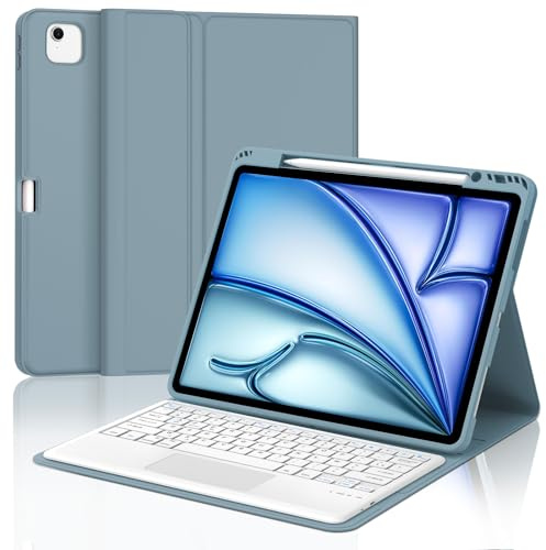 Coque Clavier pour iPad Air 13 Pouces M4 2026/M3 2025/M2 2024/Air 6/ Air 7 | Pavé tactile, Étui Keyboard Touchpad Détachable Bluetooth sans Fil, AZERTY Français avec Porte Crayon, Bleu gris