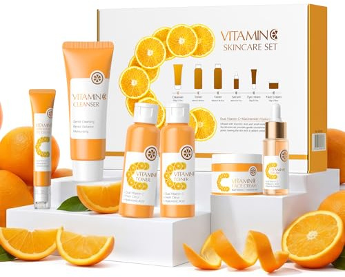 Set Facial Vitamina C Mujer, 6Piezas Skincare Kit con Limpiador, Tónico, Sérum, Crema de Ojos Roll-On y Crema Facial, Rutina Diaria Hidratante para Mujeres y Adolescentes, Cuidado Rostro Regalo