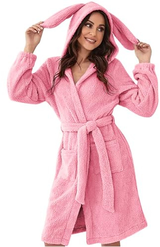 Albornoz de conejo con capucha para mujer, con orejas de conejo, bata de forro polar con capucha para mujer, bata de baño con forro polar 3D, ropa de noche, bonita bata de baño de dibujos animados con