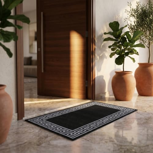 Trendy Realm Zephyra Door Mat – Non-Slip Washable Doormat, Heavy Duty Welcome Dirt Trapper, Water Absorbent Floor Mat for Indoor/Outdoor Use, Front Entrance, and Kitchen (Black & Grey, 50x80 cm)
