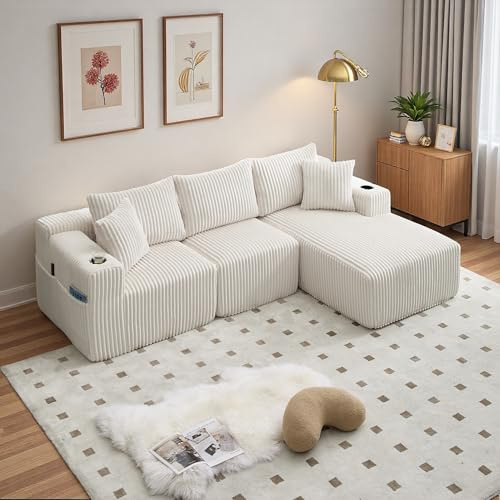 Wyibwy Sofá modular de 3 plazas con bolsillos laterales y portavasos, sofá esquinero en L con chaise longue y 2 plazas, sofás combinables con 5 almohadas, sofás de compresión, terciopelo acanalado