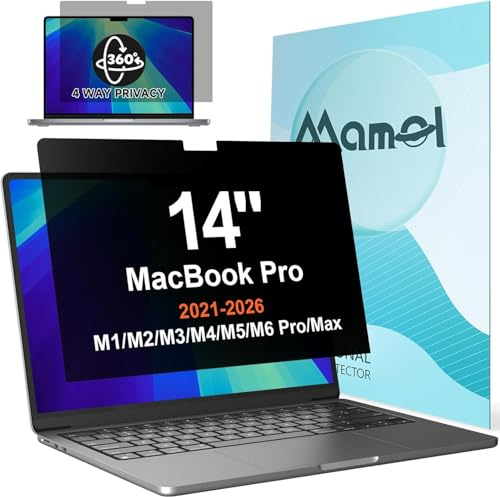 360° Privacy Screen for MacBook Pro 14 Inch (2021-2025, M1, M2, M3, M4, M5, Pro, Max), Anti Glare Blue Light Filter, Nano No Glue Anti Spy Black Protector for Mac Pro 14In Laptop Computer