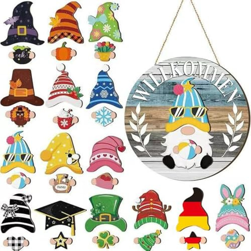 Wichtel Willkommensschild, 31 Stück Austauschbares Holz Wichtel Willkommen Schild Türkranz mit Zubehör für Halloween Weihnachten Herbst Ostern Haustür Deko, DIY Türschild für alle Jahreszeiten (A-04)