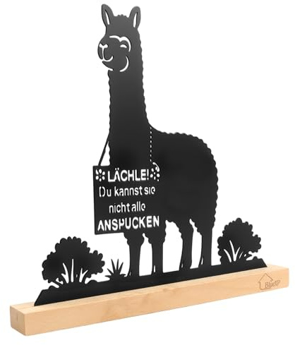 BlueXP Alpaka Dekofigur Metall Lustig Holzsockel Tischdeko Geschenk | Humorvolle Alpaka Metallfigur mit lustigem Spruch stabilem Holzsockel ideale Tischdekoration für Büro Freunde und Familie