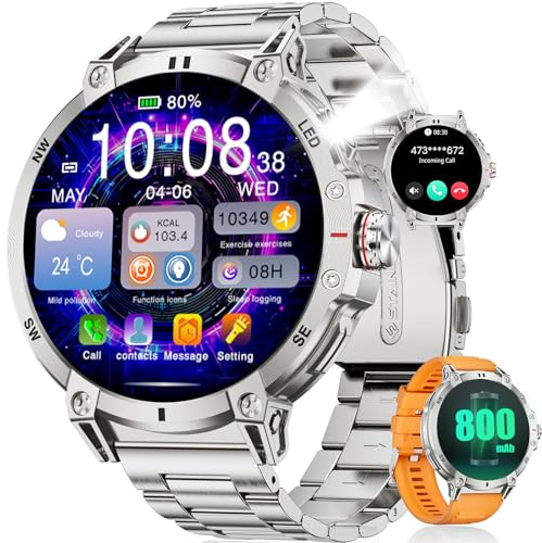 SUNKTA 1,85″ HD Smartwatch für Herren Militär 800 mAh Großer Akku Smart Watch für iOS Android Bluetooth-Anrufe LED-Lampe,Gesundheitsüberwachung, Schlafmonitor,100+ Sportmodi Fitnessuhr,Silber Stahl