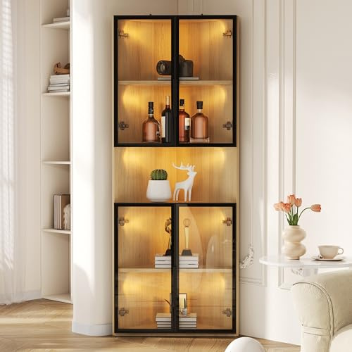 Merax LED Glasvitrine 62×32×160 cm, Vitrinenschrank aus MDF in Eichenoptik mit gehärtetem Glas und Aluminiumrahmen, Soft Close Scharniere, schmaler Eckschrank für Wohnzimmer Flur Büro, Holzfarbe