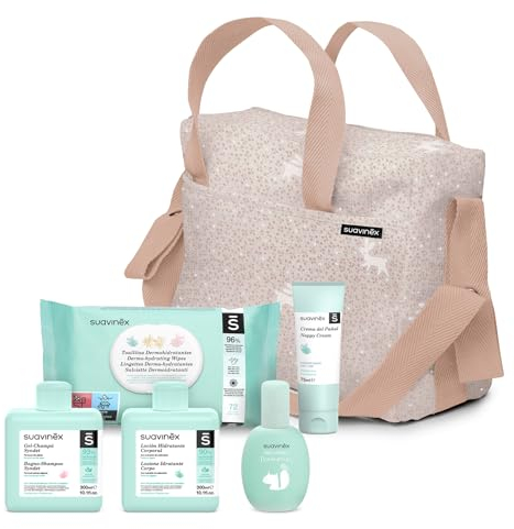 Suavinex, Bolso Carro Bebé con Cosmética: Gel Champú Syndet 300 ml + Loción Hidratante 300 ml + Pomada Pañal 50 ml + Baby Cologne 100 ml + Toallitas 60 Uds. Regalo Recién Nacido, Canastilla Bebé, Rosa