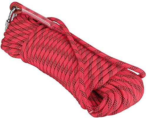 QHY 14MM Corde D’Escalade en Rappel Auxiliaire en Polyester/NylonCharge Corde De Survie À Usages Multiples Et Ultra-résistante avec Mousqueton À Verrouillage (Color : Red, Size : 10m*14mm)