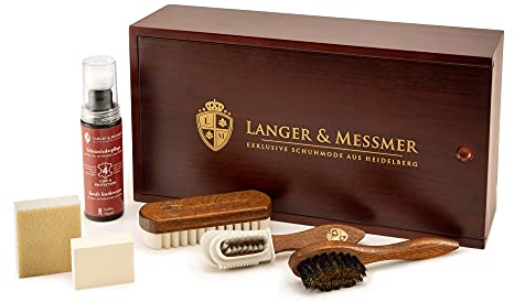 Langer & Messmer skoputsarlåda Mannheim av trä med 2 fack - finns utan innehåll eller med vårdset i flera delar - skoputsarlåda för förvaring av olika skovårdsprodukter.