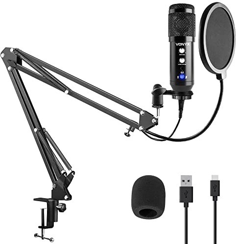 Vonyx CMS320B - microfono Condensador cardioide de Estudio USB con Soporte de Brazo articulado con Anti-Pop e Interface de Audio integrada, Control de Ganancia y Echo, Salida Auriculares, Color Negro