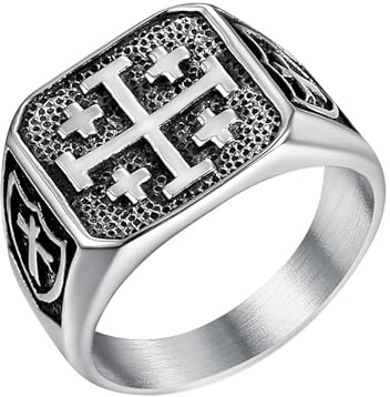 JewelryWe Smycken retro herrring rostfritt stål kors av lothringar patriarkalsk sigillring band med gravyr guld storlek 57 till 70, 62 (19.7), Rostfritt stål, Zirkon