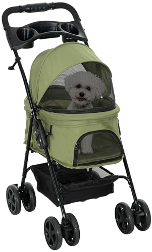 PawHut Hundewagen Hundebuggy klappbar für Hunde & Katzen bis 4 kg Katzenbuggy mit Netzfenster Aufbewahrungskorb Becherhalter Mesh Fenster Katzenwagen Buggy Dunkelgrün