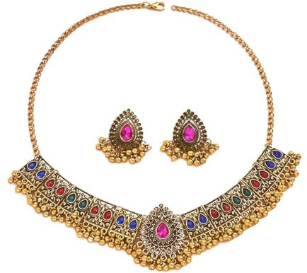 Set di gioielli da sposa indiani tradizionali boemia per donne e ragazze argento antico ossidato collana orecchini pompon bollywood girocollo punk cristallo regalo trendy, Metallo