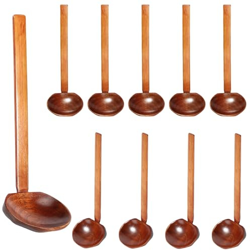 Lot de 10 cuillères à soupe japonaises en bois avec long manche - Cuillères à ramen en bois - Grande louche à long manche - Cuillère en écaille de tortue pour manger, mélanger, cuisiner
