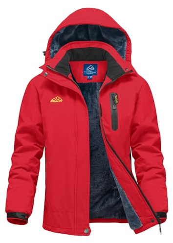 Donhobo Giacca da donna outdoor invernale, antivento e impermeabile, in softshell, calda, con pile, giacca da sci, funzionale, con cappuccio rimovibile, Colore: rosso, L