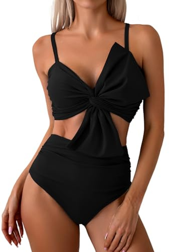 LUNNTE Bikini Sets für Damen High Waist Hoher Taille Bademode Bauchkontrolle Zweiteiliger Badeanzug Blumenmuster (Schwarz, M)