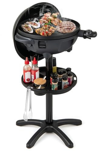 COSTWAY 2-in-1 BBQ Electric & Table Grill, Electric Grill Barbecue with 2-Zone Non-Stick Grilling Plate, Condiment Shelf & Adjustable Temperature, Indoor Outdoor Removable Stand Patio Grills