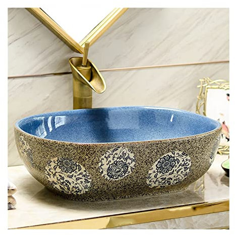 GLETSF Lavandino da Bagno in Ceramica Artistica, Lavabo da Appoggio Ovale in Porcellana da 18,9 X15,3 con Motivo Colorato, per Piccolo Bagno di Servizio, Lavabo da Appoggio per-C