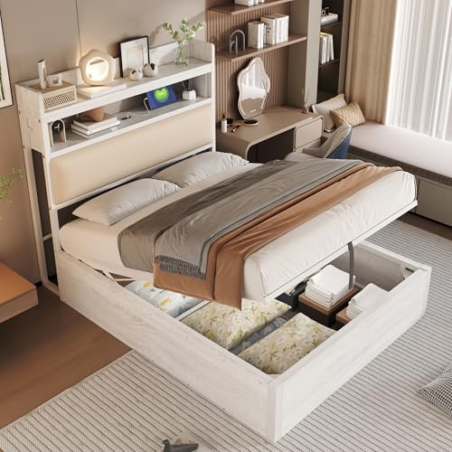 VICONELISE Letto Singolo con Contenitore 90x200 cm con USB/Type-C, Struttura Letto Imbottito con Vano Portaoggetti e Testiera, Letto Idraulico con Spazio Nascosto per Riporre Oggetti(Bianco)