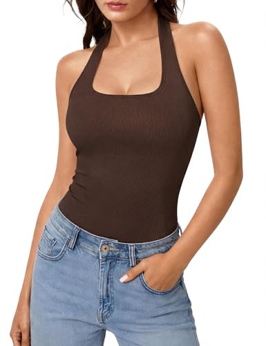Aottori Top Mujer Cuello Halter Camiseta sin Mangas Verano Basicas Costilla Slim Fit Tops Casual Corta Fiesta Camisetas Color Sólido Marrón XS
