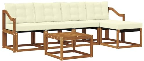 HETFTJN Juego de muebles de jardín de 6 piezas de madera maciza de acacia, muebles de exterior con tapicería, conjunto de asientos modulares para jardín y terraza, mesa y taburetes incluidos, color