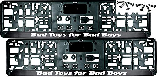 2 Stück Kennzeichenhalter mit Spruch  Bad Toys for Bad Boys  - inklusive 8 Schrauben - Nummernschildhalter - Fun - Satz