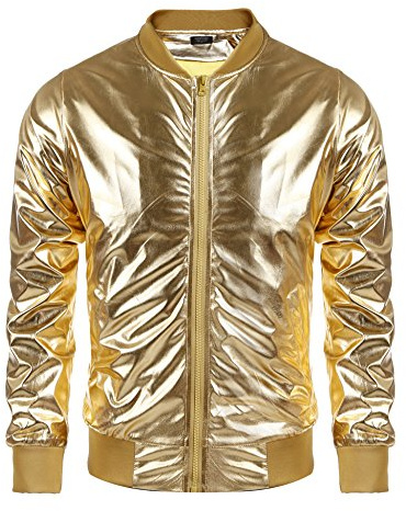 COOFANDY Herren Metallic Jacke 70er Jahre Disco Dance Party Kostüm Glänzend Varsity Reißverschluss Baseball Bomberjacke, 01-gold, L