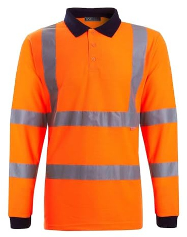 shelikes Mens Hi Vis Viz Polo Tshirt Top Long Sleeve Polos Shirt High Visibility Tee Shirt Work Utility & Safety Clothing PPE Workwear Tops Orange