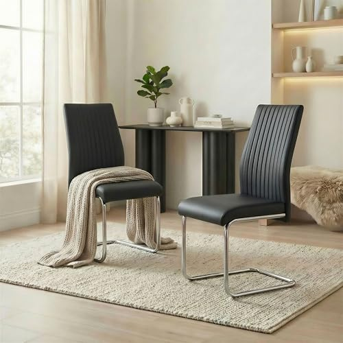Furniturebox UK Lorenzo Set of 2 Black Faux Leather Cantilever Dining Chairs