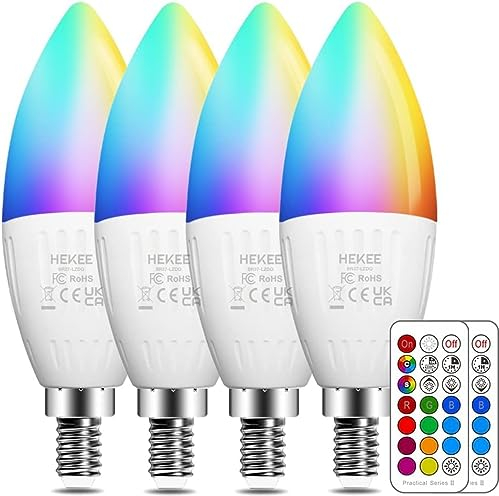 HEKEE E14 Led Lampe 5W (ersetzt 40W), Kerze Glühbirnenm, RGBW mit Fernbedienung Warmweiß 2700K Ambiente RGB Farbwechsel Farbige (4er-Pack)