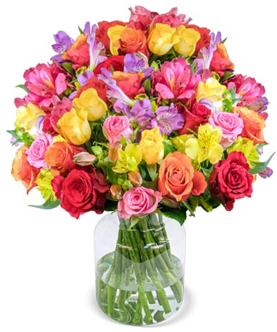 Rosenglück, Rosenstrauß, Bunte Rosen und Inkalilien, bis zu 40 Blüten, 40-50cm Länge, 7-Tage-Frischegarantie, Qualität vom Floristen, perfekte Geschenkidee bestellen