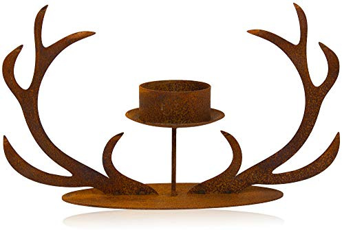 Kerzenhalter mit Kerzenteller Geweih Stumpenkerzen Edelrost Kerzenständer L=30cm