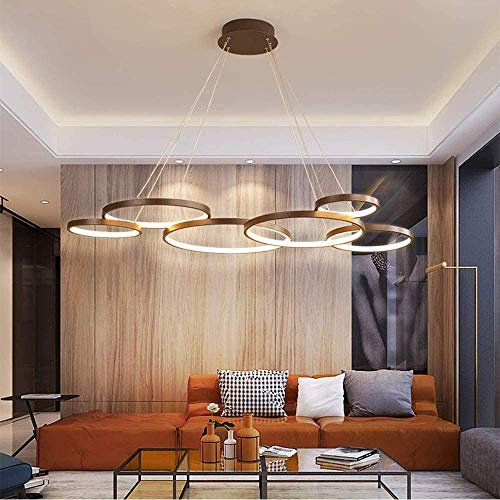 LED Moderner Hängelampe Sechs-Ring-Pendellampe Dimmbar Mit Ferngesteuerter Beleuchtung Hängeleuchte Aluminium Material Schlafzimmer Wohnzimmer Esszimmer Dekorativer Kronleuchter L120cm Braun…