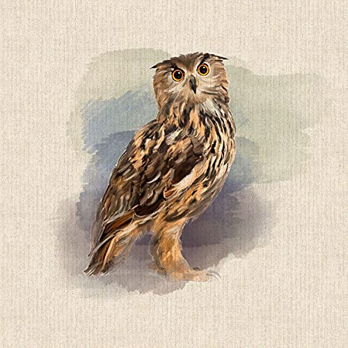 Stoff mit Aquarell-Tieren, Digitaldruck, Baumwolle, Leinenoptik, für Wimpelketten, Jalousien, Basteln, Quilten, Patchwork und Polsterung, verkauft pro Paneel (Eule)