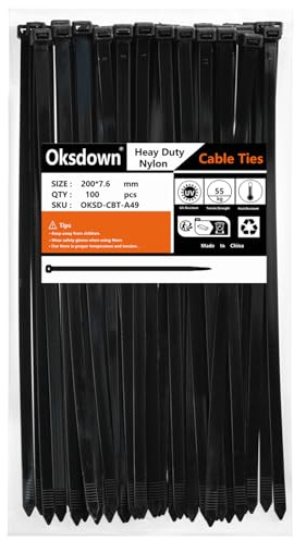 Oksdown 100 Pack Black Thick Cable Ties Heavy Duty Large 200mm×7.6mm Strong Nylon Plastic Self Locking 8 inch/20 cm Extra Long Zip Tie Wraps