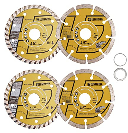 HIGHDRIL Diamant Trennscheibe - 115MM Diamant Sägeblätter Set für Fliesen, Keramik, Beton, Marmor, Stein, Granit, Terrazzo, Mauerwerk 4 Stück