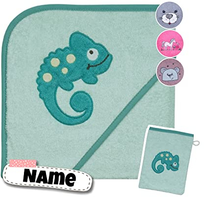 Baby Kapuzenhandtuch Set mit Waschlappen | Baby Handtuch 80 x 80 cm Kapuzenbadetuch | personalisiert | Baby Badetuch mit Kapuze Bestickt mit Namen | Baby Erstausstattung (Chamäleon Mint)