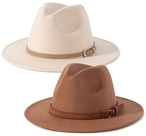 Lisianthus 2 Pack Women & Men Classic Wide Brim Belt Buckle Fedora Hat Set 6