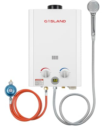 GASLAND BE264 Gas Durchlauferhitzer Propangas 10 Liter Camping Durchlauferhitzer Gastherme 50mbar Campingdusche Warmwasser mit Überhitzungsschutz für Wohnmobil Hütte Scheune