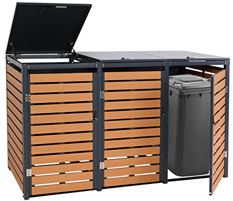 3er Mülltonnenverkleidung HWC-K14, Mülltonnenbox Mülltonnenabdeckung, 119x205x84cm WPC Metall 109kg - Teak-Optik