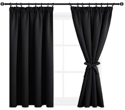 DWCN Schlafzimmer Gardinen Schienensystem Verdunklungsvorhänge Kräuselband | 137x167cm(HöhexBreite), Schwarz, 2er Set, Gardinen Kurz Vorhang-Krawatten Akustikvorhang Vorhänge Dunkel Vorhänge Küche