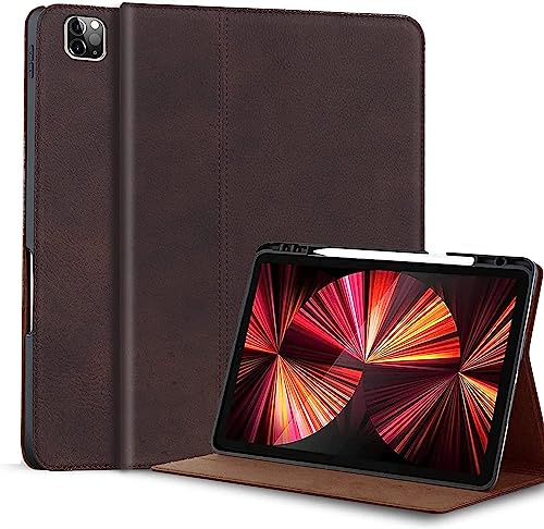 Gexmil Leder Hülle für iPad Pro 12.9 6./5./4./3. Gen,2022/2021/2020/2018 | Premium Echtleder Cover/Flip mit Stifthalter,Auto Schlaf/Aufwachen,Schutzhülle Einstellbarer Ständer,Stoßfest,Mattbraun