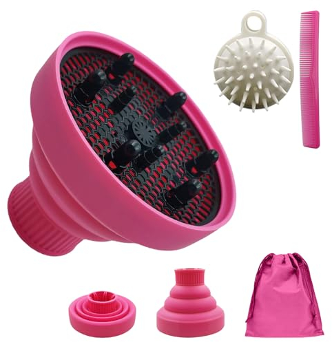 JOIYHY Diffusore Capelli Ricci in Silicone, Adattabile a Asciugacapelli con Diametro 4.2-4.8cm, Diffusore Pieghevole Capelli Ricci, Viene Fornito con Borsa, Spazzola per Shampoo e Pettine(Rosa)