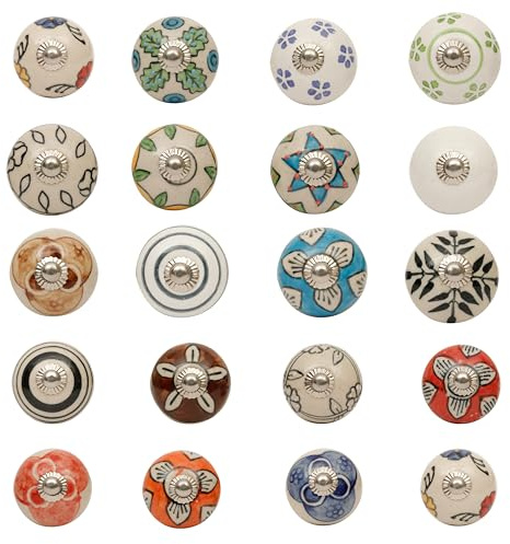 SHYAMVUN Set of 12 Multicolour Ceramic Knobs for Drawers | Hand Painted Vintage Cupboard & Door Handles for Kitchen, Bathroom, Bedroom Furniture – Decorative Pottery Pulls, Handmade Cabinet Knob Set