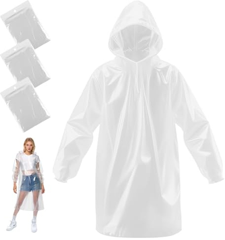 lohey 3 Stück Regenponcho Einweg, Wasserdicht Regenmantel für Damen und Herren und Kinder, Durchsichtige Regencape mit Kapuze und Ärmeln für Camping, Angeln, Freizeitparks, Festivals
