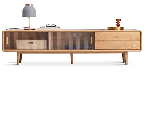 TV-Schrank Moderner TV-Ständer, Entertainment-Center aus Eiche mit 2 Schubladen und 2 Glasschiebetüren, raffinierte Messinggriffe for ein sauberes und natürliches Wohnzimmer Fernsehschrank ( Color : N